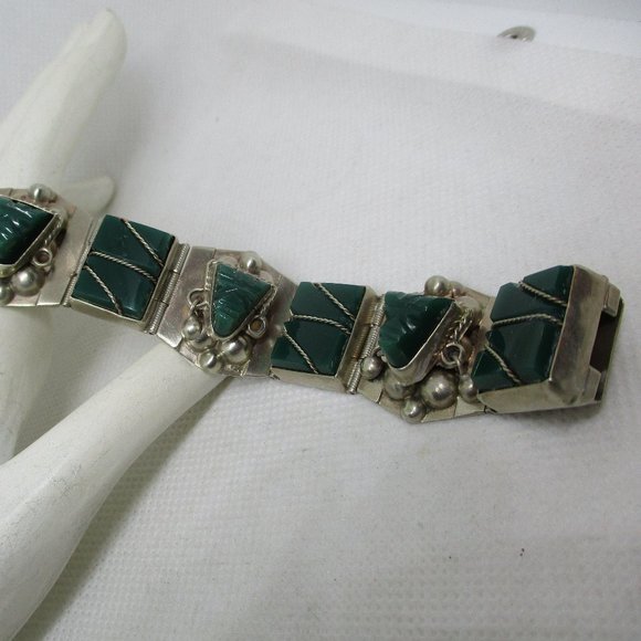 MEXICAN SILVER Green Onyx Tribal Masks Bracelet Gemstone Rectangles Sectional - Picture 7 of 12
